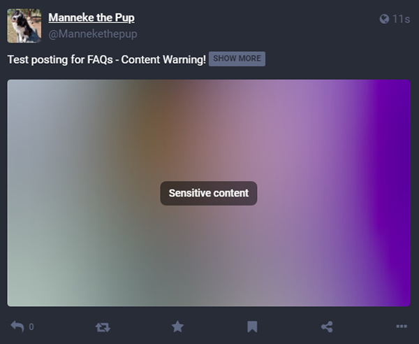 Screenshot: A post with content warning and sensitive media settings.
