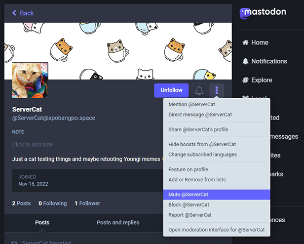 Image: A screenshot showing the dot button and menu for muting and blocking in Mastodon.