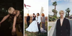 Three-panel fashion collage: left a bleached-haired model in a dark indoor shot; center a group in formal wedding attire outdoors; right a blonde model in a black shirt on a sunny palm-lined street.