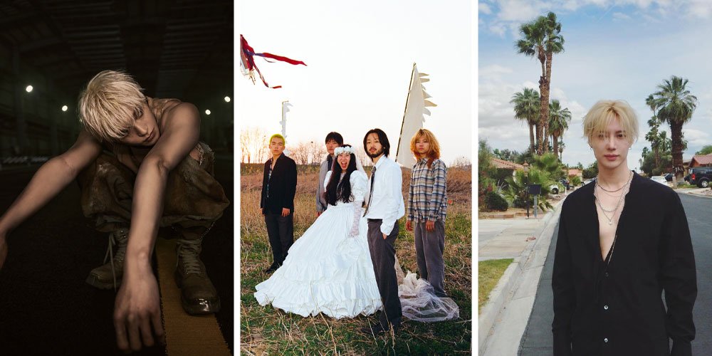 Three-panel fashion collage: left a bleached-haired model in a dark indoor shot; center a group in formal wedding attire outdoors; right a blonde model in a black shirt on a sunny palm-lined street.