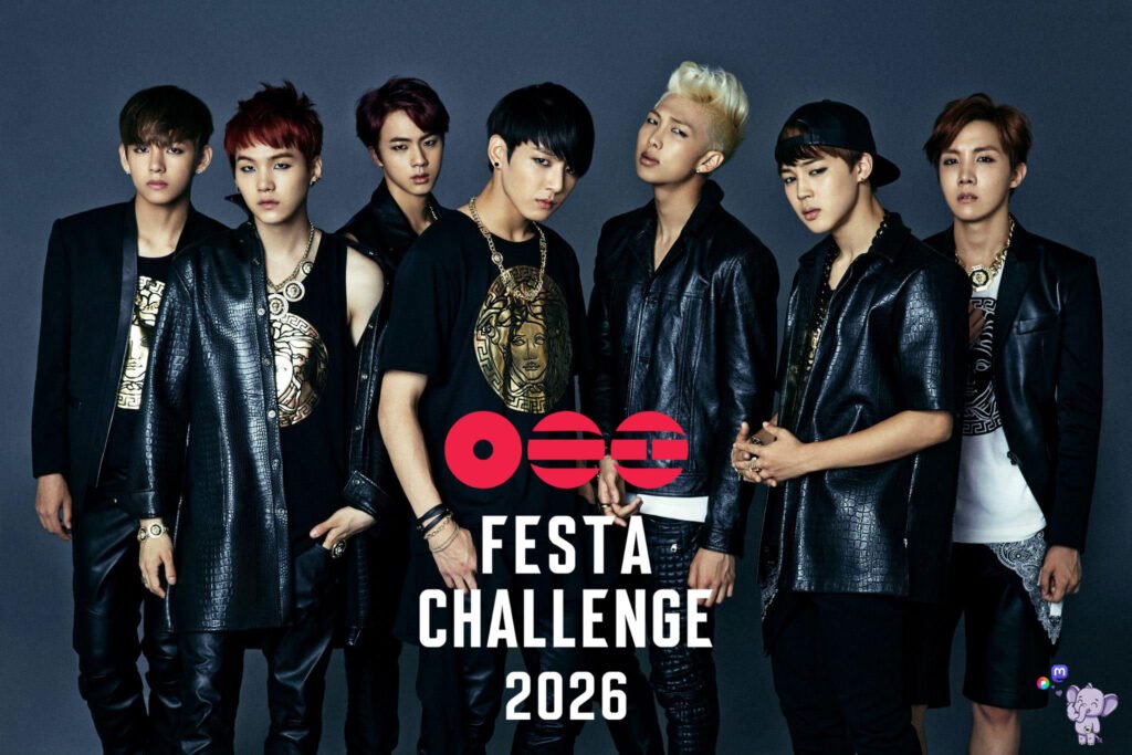 BTS Baby Photo - the text reads 'FESTA CHALLENGE 2026
