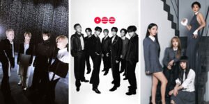 Collage of three K-pop groups posing for a promo shoot: SHINee in dark outfits, center monochrome BTS with Arirang logo, right is Mamamoo on a stairwell.