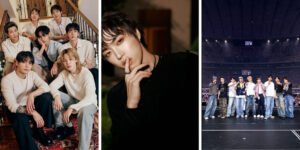 Triptych: left shows BTS posing on a staircase in light-colored outfits; center is a close-up portrait of Junny touching his lips; right depicts Seventeen on a large arena stage during a concert with a crowd and lights.