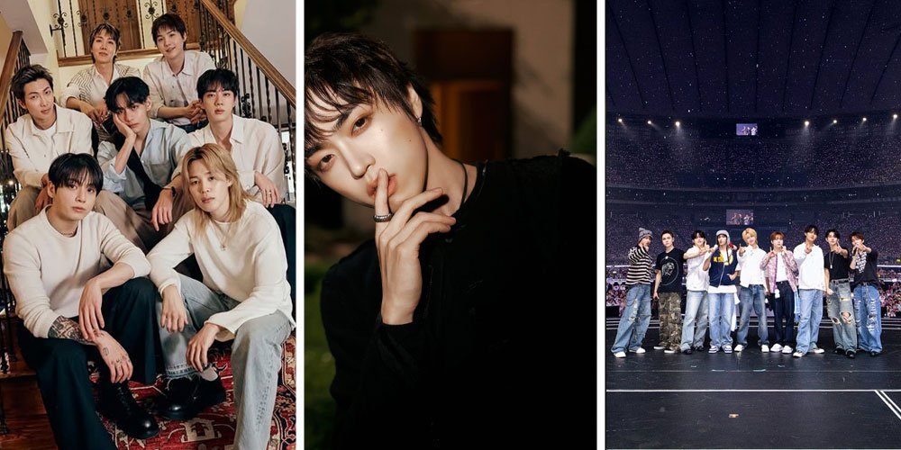 Triptych: left shows BTS posing on a staircase in light-colored outfits; center is a close-up portrait of Junny touching his lips; right depicts Seventeen on a large arena stage during a concert with a crowd and lights.