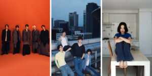 WayV, AxMxP and Sumin Promo Images for this week's releases! Three-panel collage: left shows a six-member boy band posed against a bold orange background; middle features five young men on a rooftop with a city skyline; right shows a woman in a blue shirt sitting on a kitchen table with her knees drawn to her chest.